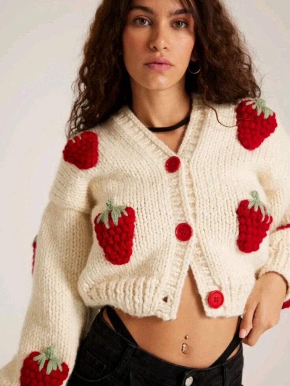 Myracle handmade knit 3D strawberry cropped sweater cardigan size medium